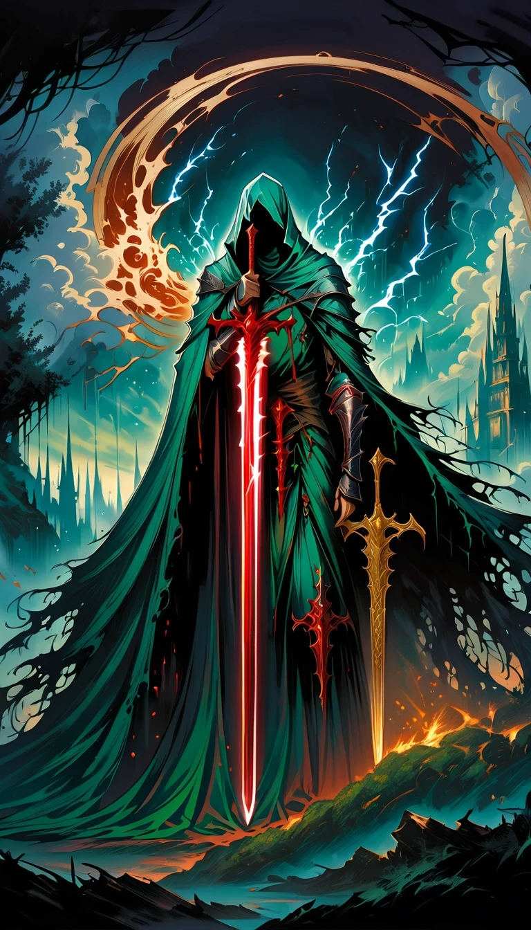 Magic Sword，The legendary Magic Sword，Glory Magic Sword，Magic Sword,Heavy Metal Style，Metal Art，Full of metallic luster，Metal texture in the post-industrial era，Alloy wire crafts，crystal，Emerald setting，Well structured，Perfect craftsmanship，Magic Lightning Background，Blue Lightning，There are fairies，Dark fantasy art, dark flower shaman, Dark fantasy concept art, Bloodborne concept art, dark concept art, Diablo digital concept art, Dark fantasy art style, dark flowers, Bloodborne Art, photorealistic dark concept art,Dark fantasy art, Death Portrait, Onmyoji detailed art, Beautiful wizard, Ominous fantasy illustration，(best quality,4K,8k,high resolution,masterpiece:1.2),Super detailed,(Practical,Realistically,Realistically:1.37),landscape,Science Fiction,photography,Concept Artist, High Dynamic Range,Ultra HD,Studio Lighting,Super Fine,Focus,Physically Based Rendering,Extremely detailed description,professional,Bright colors,Bokeh.
