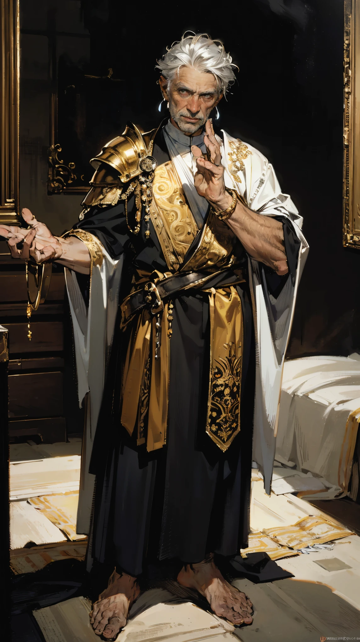 best quality (4K, high resolution, masterpiece:1.2), ultra-detailed, realistic (photo-realistic:1.37), male, old man, Darius the Unyielding, the Apostle of the Holy Faith, powerful spiritual warrior, mature male, old wise man, portrait, ((wearing shining silver cuirass armor with golden embroidery)), commanding gaze, deep blue eyes, poised stance, ((silver hair)), commanding and unyielding aura with a hint of wisdom, silver and gold color scheme, sharp focus, perfect, sacred lighting, confident, authoritative demeanor, emotive smile, powerful divine magic and spiritual energy radiating from his eyes, holy temple with a peaceful, inspiring background, tranquil yet empowering atmosphere, inspired by fantasy art and divine mythology, emphasizing his allure, wisdom, and martial prowess, meticulous attention to facial details showcasing his battle scars and wisdom, striking visual impact, expressive yet authoritative facial features, supernatural elements blended with a serene reality, (exceptionally detailed:1.3), super finely detailed and strong hands, ultra finely detailed fingers (ten fingers), suggestive, inspiring posing, full body showcase, no logos in the background.