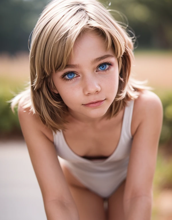 1female，age 5，bit girl，Small ，solo, (Background with：city park，bright park, ）, dynamic angle, ultra detailed, illustration, close-up, straight, only 1 girl, She has blonde hair，（（tmasterpiece），（Very detailed CG unity 8K wallpaper），best qualtiy，cinematic lighting，detailed background，beatiful detailed eyes，Bright pupils，Blue eyes，（Very fine and beautiful），（Beautiful and detailed eye description），ultra - detailed，tmasterpiece，）），A high resolution，ultra - detailed），Flushed complexion，Smile，Desire for dissatisfaction，elementary student, (beauty, vivacious, lovely, slim body, flat torso) , revealing panties [[delicate fingers and hands:0.55]::0.85],(detail of fingers))), full body view, 