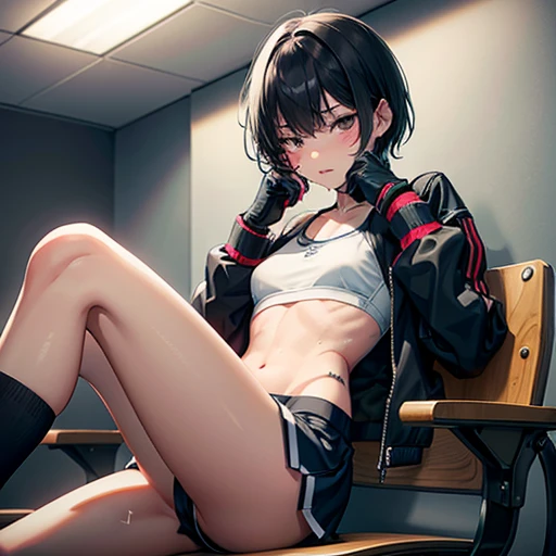 Cute high school girl, many scars and bruises, slender body, sitting in waiting room crying, hands covering face, very sweaty, short black hair, poor body, small breasts, sports bra, high leg shorts, open finger gloves