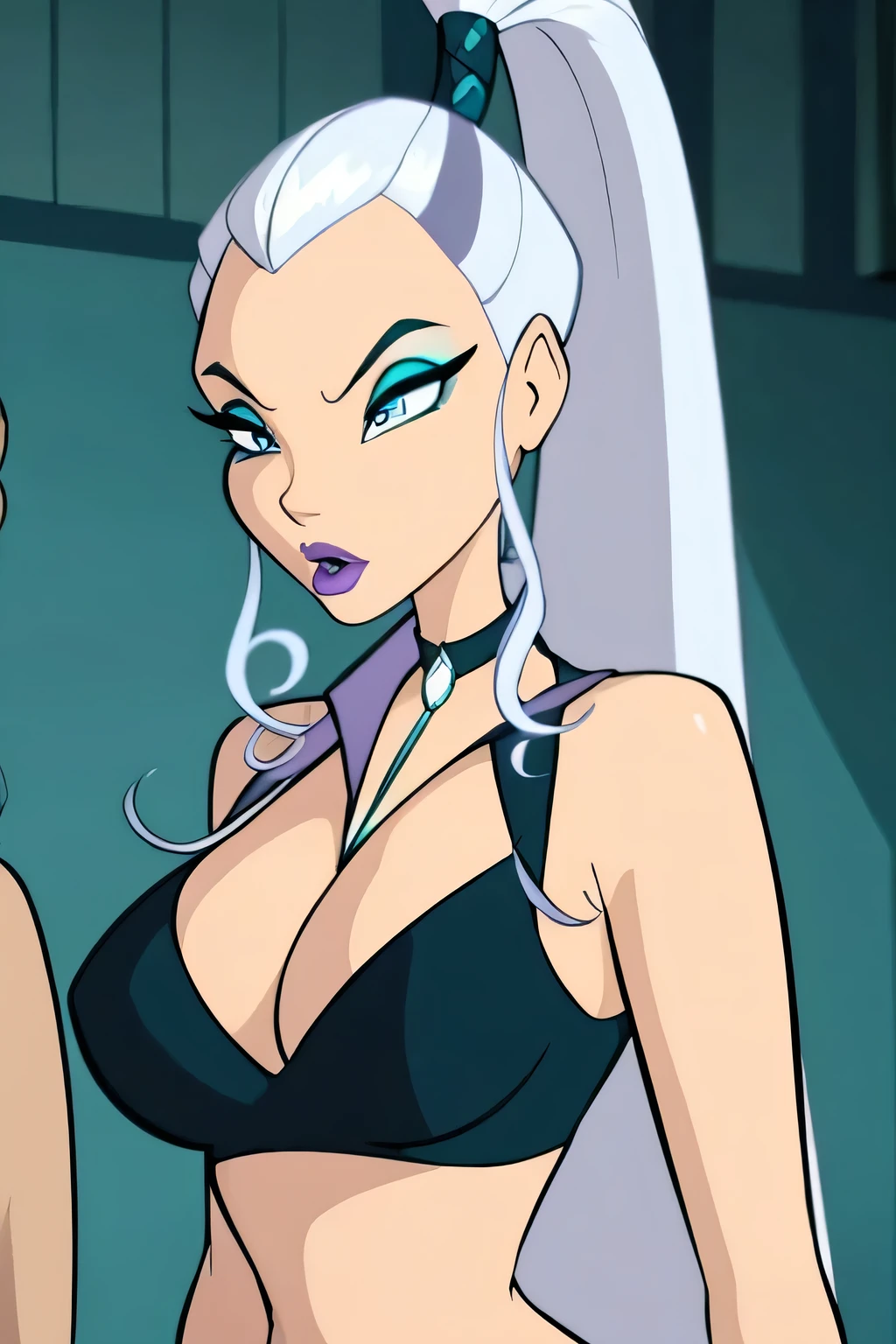 A beautiful girl, beautiful villain, beautiful, big breast, long white hair, tail, white hair, her blue eye, painted purple eyelashes, her turquoise lip, she wears a black bra and a long black skirt.