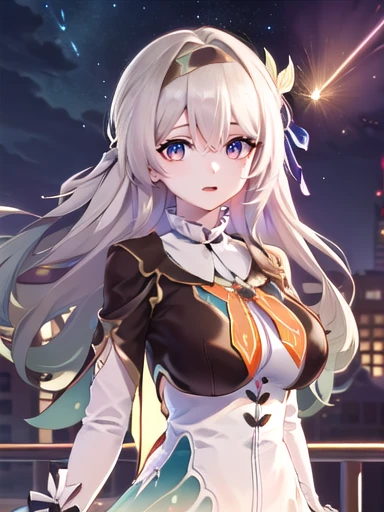 (masterpiece:1.3),((High resolution)),((high quality)),((Super detailed))、One girl、Perfect balance、((upper body:1.5))、Perfect Face、Detailed face、Cute face、beautiful詳細な目、Expressive eyes、Cute eyes、Shiny eyes、Perfect body、beautiful体、honkaiFirefly, fire Fly, (Purple eyes:1.3), Grey Hair, 蝶のhair ornaments, hair ornaments, Hair intake, Long Hair, (Bright Eyes:1.5), shoes下, 青色のdress, 青色のshoes下,((Large Breasts)) ((Orange ribbon:1.5))、dress, shoes, shoes下, ツートーンdress, ツートーンshoes下, ホワイトdress, Long sleeve, hair band, (head shot)、Embarrassing、blush、beautiful女の子、Cute face、beautiful顔、Cute face、beautiful、Best Quality、Good anatomy、((smile:1.5))、((Super detailedな背景)), Outdoor, Day, blue sky, ((Meteor shower sky))、Sky Light , Mistress Pose, ((8K Wallpaper)) , Watching the audience, Moody lighting, In-person audience