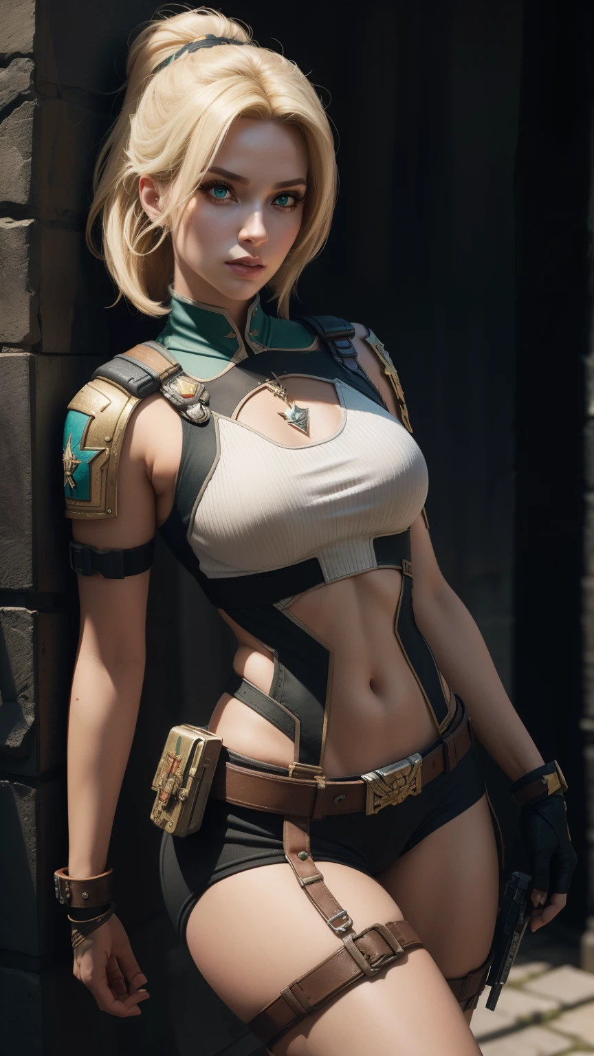 best quality, masterpiece, eye reflection, best quality, masterpiece, mercy eye reflection, alone, sculptural perfect body, blonde,overwatch mercy style hairstyle, green eyes, two arms, tomb raider style neckline clothing, utilitarian belt, alone, command room, 8k, masterpiece, highres, absurdres, natural volumetric lighting and best shadows, deep depth of field, sharp focus, naughty face, super yummy, medium breasts, elements of warhammer 40k, hyper detailed scenery, goddess