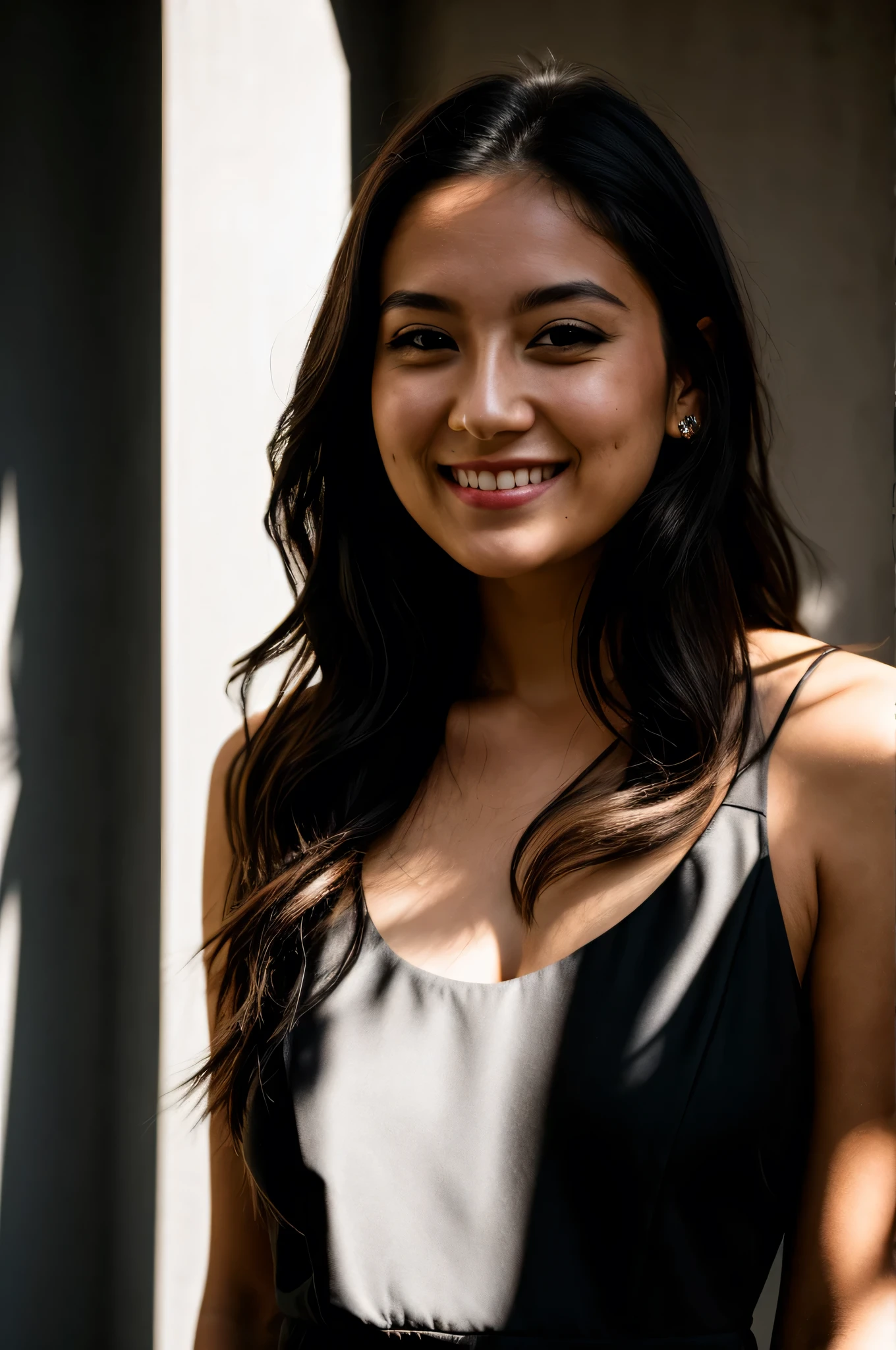 RAW photo, face portrait photo of beautiful 26 y.o woman, cute face, wearing black dress, happy face, hard shadows, cinematic shot, dramatic lighting