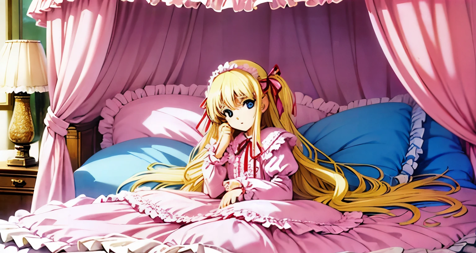 ,highest quality, masterpiece, Highest Resolution, artwork, super それにGet used to it, many Get used to it, Get used to it, それにGet used to it, 3K anime illustrations,(( 10 year old girl)),Super detailed baby face,high quality small face,long blonde hair that grows to the waist,blue eyes,白い肌のEuropean,pajamas, European,(((Super long blonde hair))),Curly Hair,blue eyes,((((ピンクのロリータファッションのLong skirtのワンピースドレス)))),((A pink nightgown with lots of frills and ribbons)),((A gorgeous headdress with frills and ribbons)),Detailed headdress,,(((Large yoke collar))),Yoke collar with ruffles and bow,((((Long sleeve)))),Ruffle sleeves,((((Long skirt)))),White ruffle and lace socks,Large frill and ribbon pillow,(((Nice pink outfit))),豪華なCanopy bedの上,Canopy bed,The bed is surrounded by luxurious curtains.,There were a lot of frilly pillows on the bed.,There are a lot of frilly pillows behind the girl.,Highly detailed background,Detailed bed,Soft pink comforter,Very fine soft frilly pillow,Beautiful girl illustration,Beautiful face in every detail,Thin Hair,Detailed eyes ,Detailed eyess,Mouth details, Arm details,Beautiful Hands,Detailed pillow,Large bed,Illustration on the bed, ,((((Round futon)))),((((A large frilly futon that covers the entire bed)))),Detailed comforter,Detailed bedシーツ,Before bedtime,Romantic atmosphere,Palace Bedroom,((((The lower half of her body is hidden under the duvet and her puffy skirt.....)))) The girl is leaning against a pile of pillows, ,((((Round futon)))),((((A large frilly futon that covers the entire bed)))),