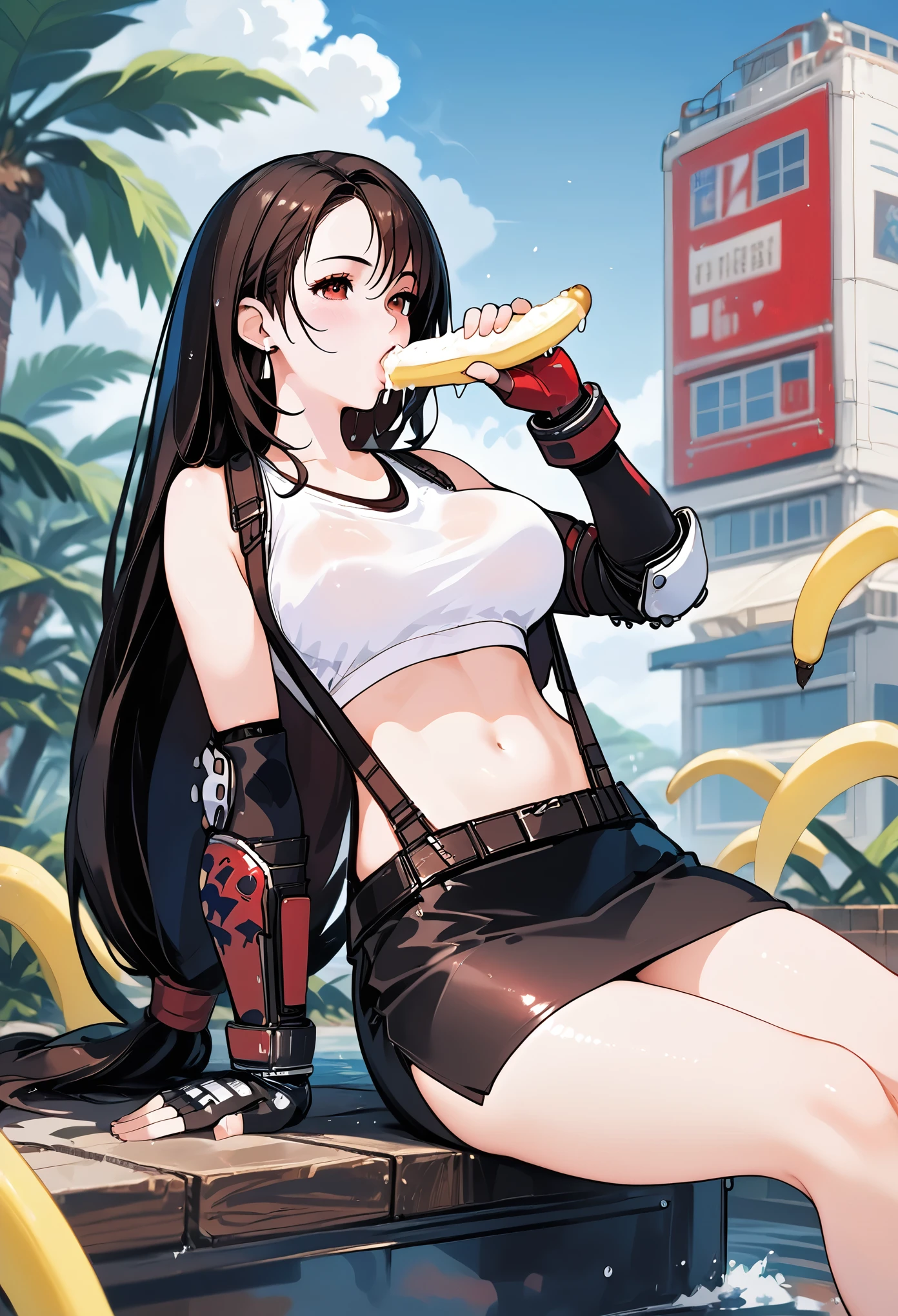 (masterpiece, best quality: 1.2),1girl, tifa lockhart, final fantasy, white crop top, elbow pad, fingerless gloves, suspenders, pencil skirt, white tshirt, sexy look, short skirt, miniskirt, pencil skirtThe expression of a kiss，Wet pink and white sexy lips，eating banana，full-body shot