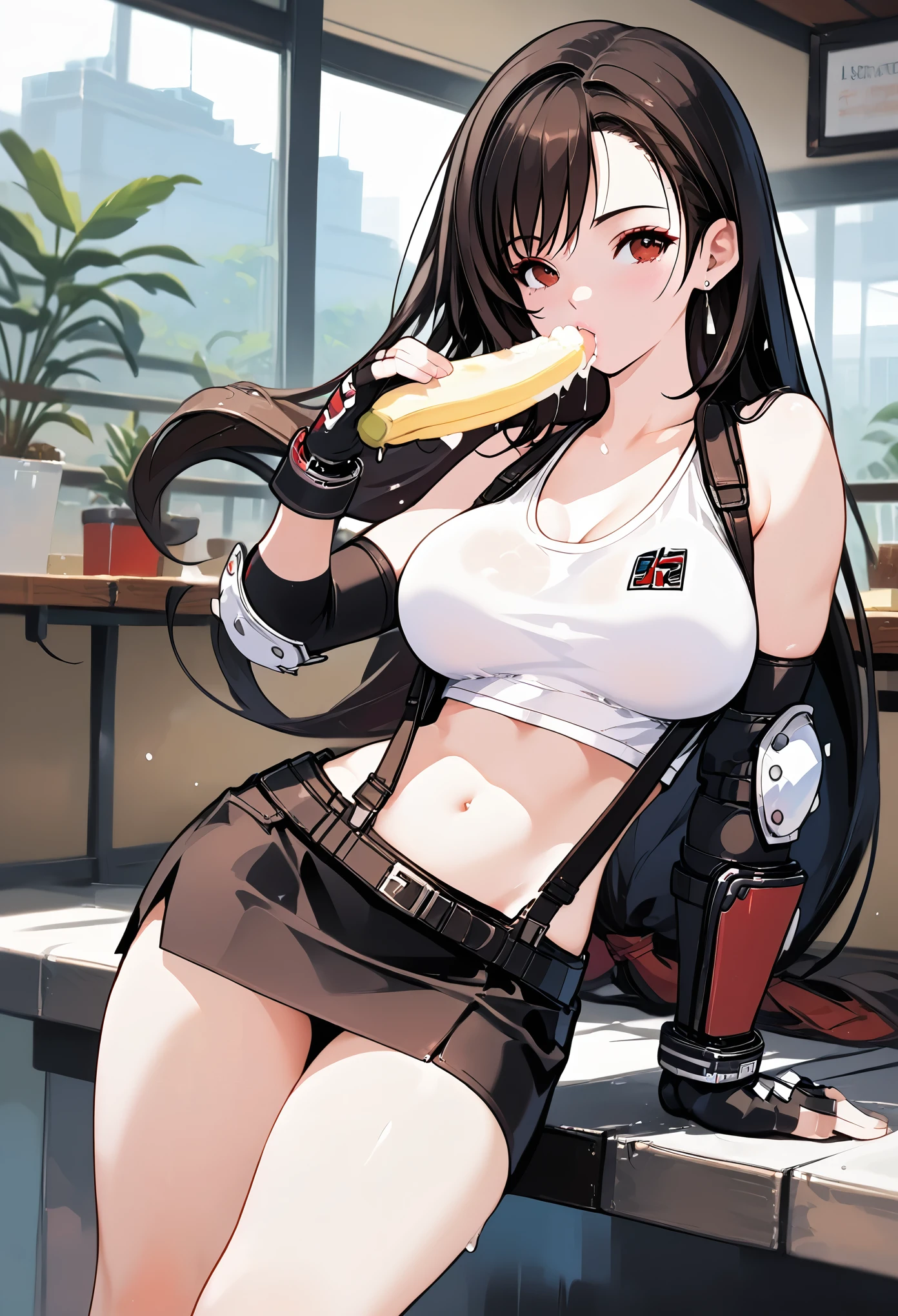 (masterpiece, best quality: 1.2),1girl, tifa lockhart, final fantasy, white crop top, elbow pad, fingerless gloves, suspenders, pencil skirt, white tshirt, sexy look, short skirt, miniskirt, pencil skirtThe expression of a kiss，Wet pink and white sexy lips，eating banana，full-body shot