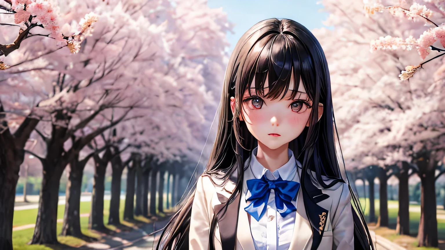 Girl in Love White dress high school student uniform blazer Black Hair Long Straight Hair High quality, high definition and detailed facial expressions High quality, high definition and detailed hair Cherry blossom trees