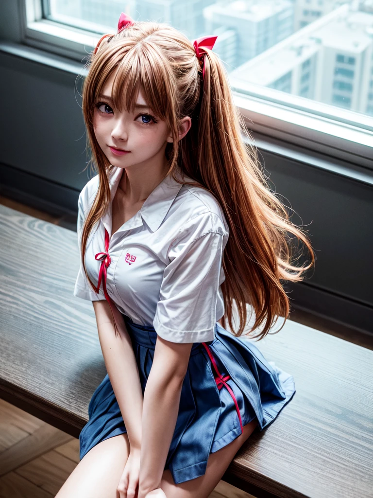 (8k, highest quality, Pieces fly:1.2)、Ultra-high resolution、anime,1 very pretty girl,Asuka Langley,Highly detailed face, Fine grain,blue eyes,,White sailor collar plain short sleeve shirt,Light blue skirt,Light Blue Suspenders,uniform_Red ribbon,Orange Hair,Long Hair、Detailed hand and fingers,put your hands in your hair,Grin、sitting on desk,Shooting from the sky,classroom