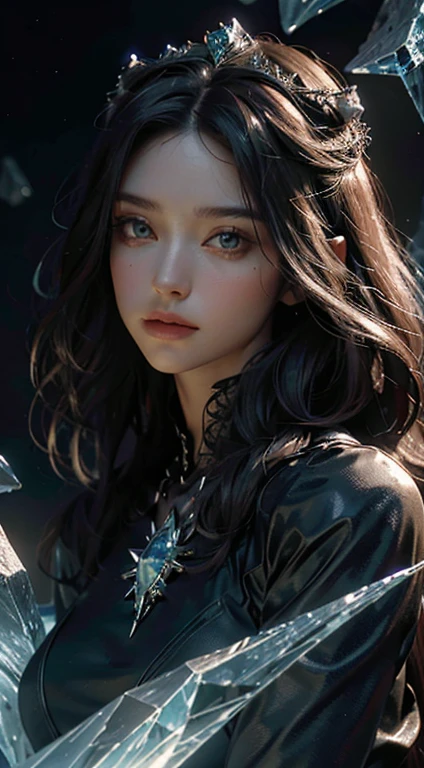 Highest image quality, Premium details, ultra-High accuracy, (realism: 1.4), Best explanation, Fit details, 1 girl is very intense, With a delicate and beautiful face, Micah wears black and green, He wears a mecha helmet, Holding the direction controller, riding a motorbike, The backlight is a high-tech lighting scene of the city of the future. (silly, High accuracy, Very detailed), 1woman, Mature female, Older, Long wavy hair, Russian poetry, Coral eyes, Explosions, long sleeves, Sensitive eyes and delicate face, خلفية CG Unity 8K Very detailed, Complex details, (style-swirlmagic:1.0), Looking at the viewer, Single, Upper body, Detailed background, close up, Detailed face, (Dark Ages Gothic theme:1.1), Crystal wizard, Dynamic pose, Earth themed clothing, Crystal crown, Floating in the air, Glowing magic shards, Surrounded by blue magic crystals, Rock formations, Stalactite, Magical floating particles, Crystal glass, Crystal balls, Crystal valley wallpaper, (Shallow water: 0.7), Epic ethereal atmosphere, Updraft, painting