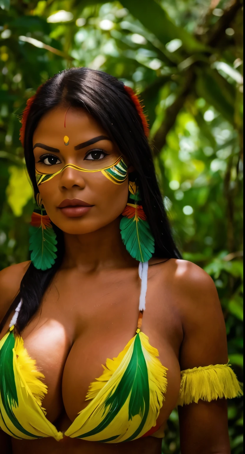 mulher brazilian indigenous, roupas indigenas tipicas, pintura corporal vermelha e verde, Facing the camera, look curiously at the camera, no meio de uma floresta, close on tits ((bimbostyle))