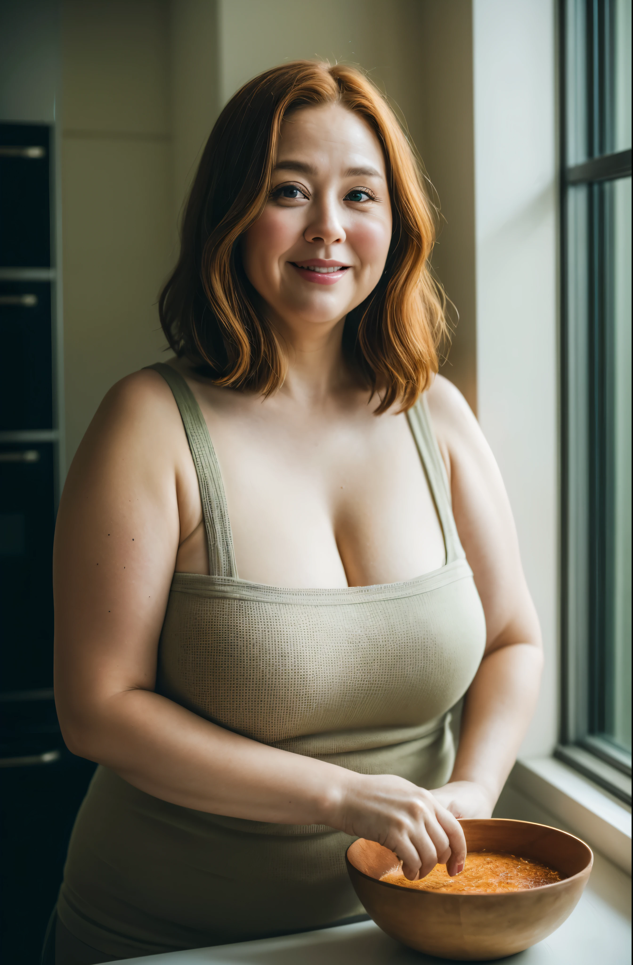 Foto RAW, Nordic Face, Looks like Julianne Moore, Highly detailed CG Unity 8k wallpaper, top quality, super detailed, masterpiece, realistic, photo realistic, very detailed cute girl, 45 years old, ((chubby lady:1.3)) , (plump lady:1.3)  , large breasts , cleavage  ,  round eyes, viewer,  smile, parted lips, half body shot  , naked apron , kitchen  , bangs , shoot from the side,(pele altamente detalhada: 1.2), 8k UHD, DSLR, soft-lighting, alta qualidade, grain of film, Fujifilm XT3