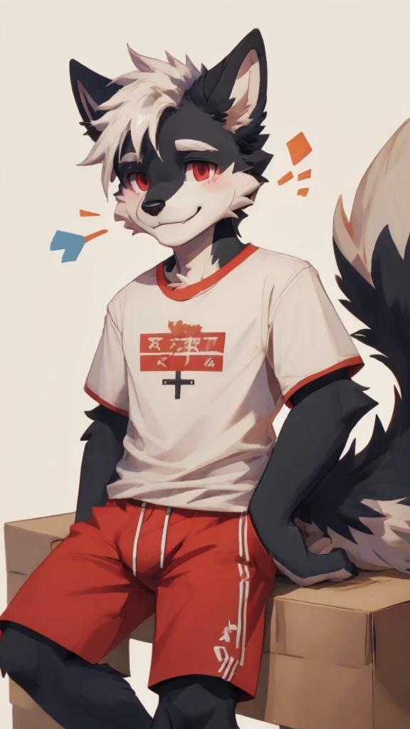 Male,male focus, black fur,white fur, white hair, blush, red pupils,T-shirt, short pant, fluffy tail,high quality, highlight ,smile,