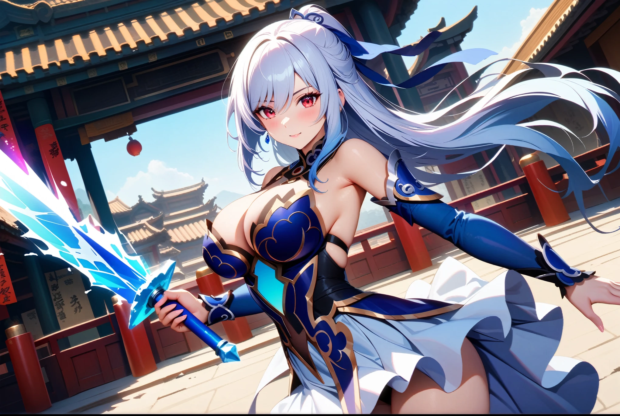 (An adventurous girl with vibrant magical aura),
jingliu, 1girl, white hair, long hair, ponytail, hair ribbon, red eyes, earrings, jewelry, blue dress, bare shoulders, detached sleeves, (holding ice sword:1.5), (hand holding ice sword:1.5), Ice aura, blue aura around character, (huge breast:1.2), miniskirt, short skirt,
standing,
in ancient Chinese town with perfect details and architecture,
masterpiece, best quality, ultra-detailed, 8k resolution, highly realistic,
dramatic lighting and volumetric shadows,
vivid color palette, elegant composition,
dynamic splash art,