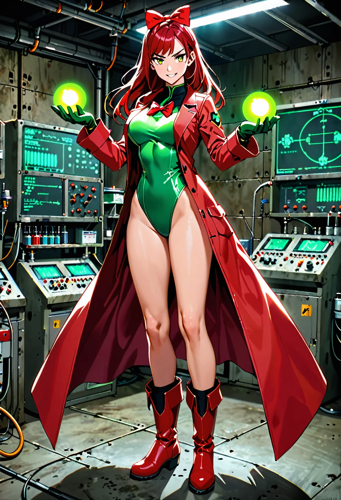 masterpiece, best quality, 1girl, solo, tall body, scientist, mad scientist, (red lab coat), (green leotard), ((red hair bow)), bare legs, (ankle-high boots, red boots, matching boots), (gloves, green gloves, matching gloves), (black hair, long hair), (hazel eyes, beautiful detailed eyes), (perfect hands, complete fingers, perfect anatomy, perfect proportions), scheming pose, professional, laboratory backdrop, cowboy shot, bunker, evil grin, (atomic symbol on chest), powering up, full body costume design, glow, energy pulse, (energy ball on hand).