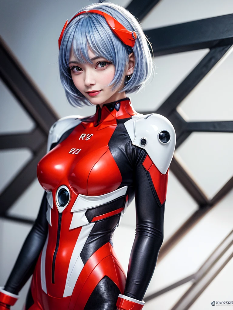 Masterpiece, highest quality, 8K, detailed skin texture, fine cloth texture, beautiful detailed face, intricate details, super detailed, portrait of Rei Ayanami, blue hair, red eyes, looking far away, no background, Evangelion Wearing a plug suit when riding, plug suit, whole body visible, standing, arms crossed, 15 years old, beautiful, cute, great style, smiling,composition that shows the whole body,