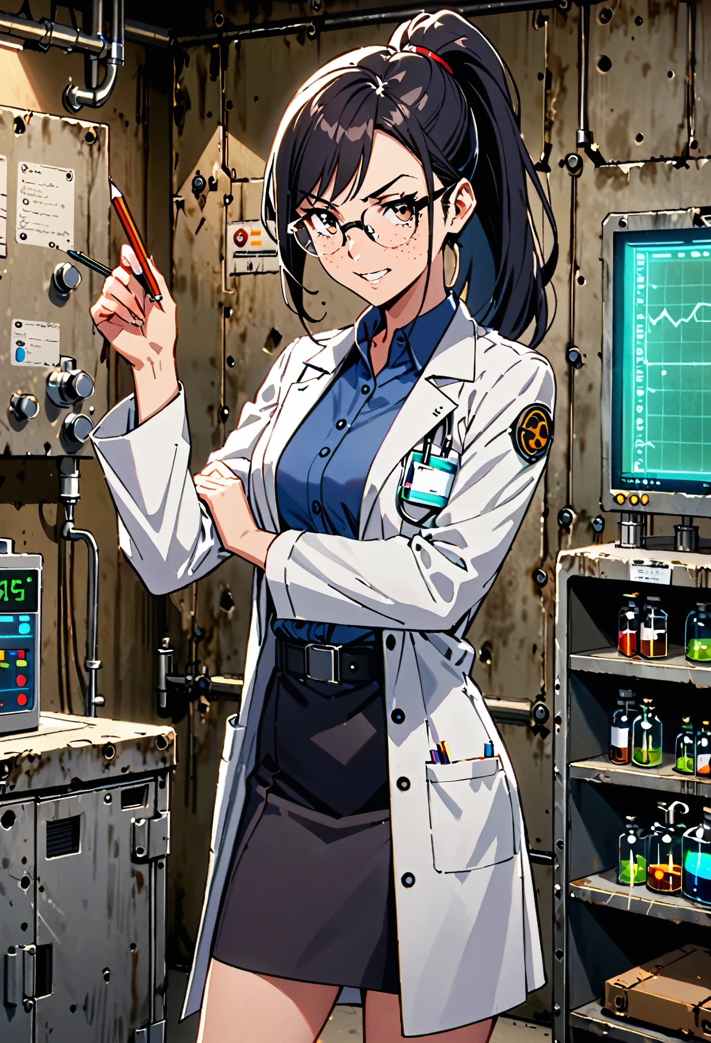 1girl, solo, scientist, mad scientist, red lab coat, green leotard, hair bow, bare legs, boots, gloves, black hair, long hair, hazel eyes, scheming pose, professional, laboratory backdrop, cowboy shot, bunker, evil grin, atom, powering up, full body costume design, glow, energy pulse