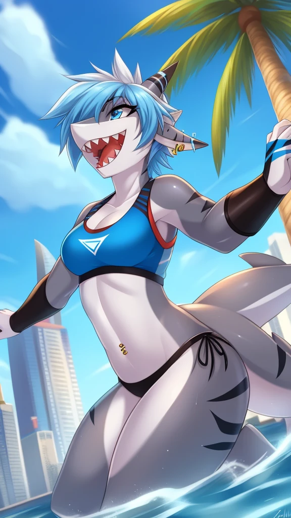 anthropology, shark, Marine, blue-gray skin, white belly, white jaw, light blue hair, light blue eyes, shark tail, Tail piercing, wearing a white bikini, curved shape:0.8, Ear piercing, female, About sports, Two tone hair, laugh, shark teeth, alone, (shirt), city background, High quality, Masterpiece, palm tree, nose, shark nose, Tomboy, (By Talon)