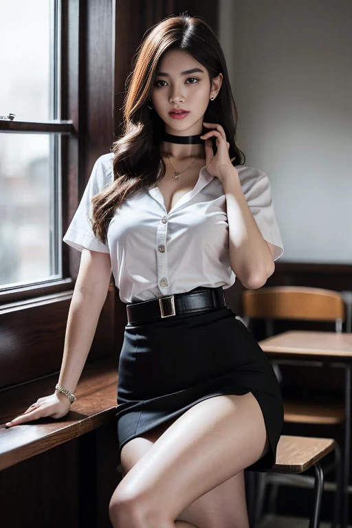 (Masterpiece, best quality, alone, รายละเอียดที่complicated, Chromatic aberration), realistic, ((Moderate breath)), hair in one eye,purple eyes, earring, sharp eyes, choker,diamond pendant, (symmetrical eyes),(Perfect symmetrical body),Photo of a beautiful 24 year old girl,(fit the body), Beautiful and charming with contemporary fashion paintings as well....., looking at the audience, ((in the classroom background)), (1 ),(black short skirt), (white short sleeve, Form fitting shirt., Unbuttoning the buttons, Revealing a little breast..), ((A short black pencil skirt with a deep slit on the side...)), sugar belt, ((Put your hands down.)),Blue blonde hair, Bob, long hair, Side flatness,round chin, Art lens 85mm, Sharp focus, High resolution 8K, Crazy details, complicated, elegant,sitting on the study table Lift one leg to eye level.., The legs are slightly apart..,dynamic gesture, Sitting on a reading table in a luxury hotel room Turn your head with your legs open at eye level. Open your legs and lift your right leg over your left leg, releasing it naturally to eye level., แยกขาออกเล็กน้อย dynamic gesture,polish,Engineer boots