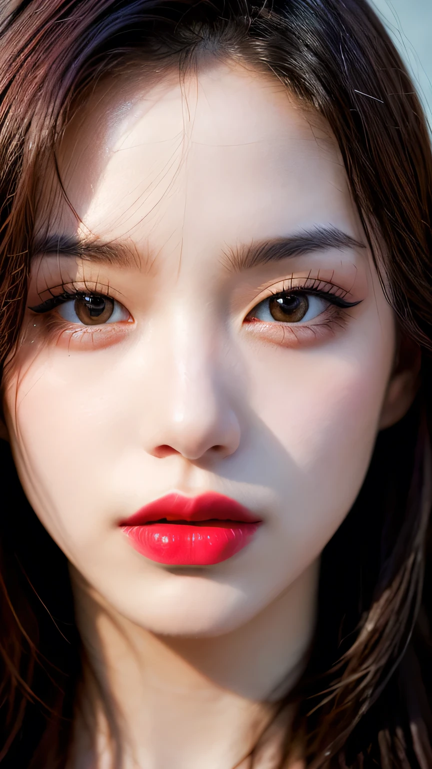 (8ก, Highest quality: 1.2), Extremely detailed, thorough resolution, (realistic, realistic photo: 1.37), Portrait, high definition RAW color photograph, professionally arrested, high definition and beautiful, high definition, 8ก Image wallpaper, Amazing details, Big file size, highly detailed beautiful girl, Extremely detailed face, Finely defined eyes, The skin has a fine texture., Every feature is meticulously displayed., The fingers were neatly outlined., The nose has a precise shape., expressive lips red lipstick , perfect anatomy, background is not blurred, one story, (20:1.2), Twenty generations, cute girl, realistic