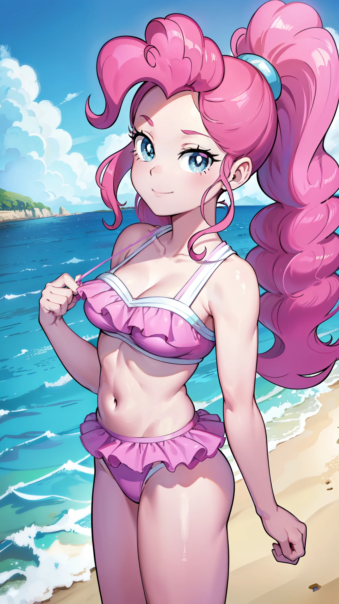 Pinkie Pie, 1 girl, Equestria Girls, magenta hair, long ponytail, blue eyes, clear pink skin, medium breasts, detailed body, detailed face, detailed eyes, glistering body, shiny body, gorgeous body, masterpiece, athletic body, smilling, ((pink frilly bikini)), beach, clear sky, standing, solo, low angle, straddle view,