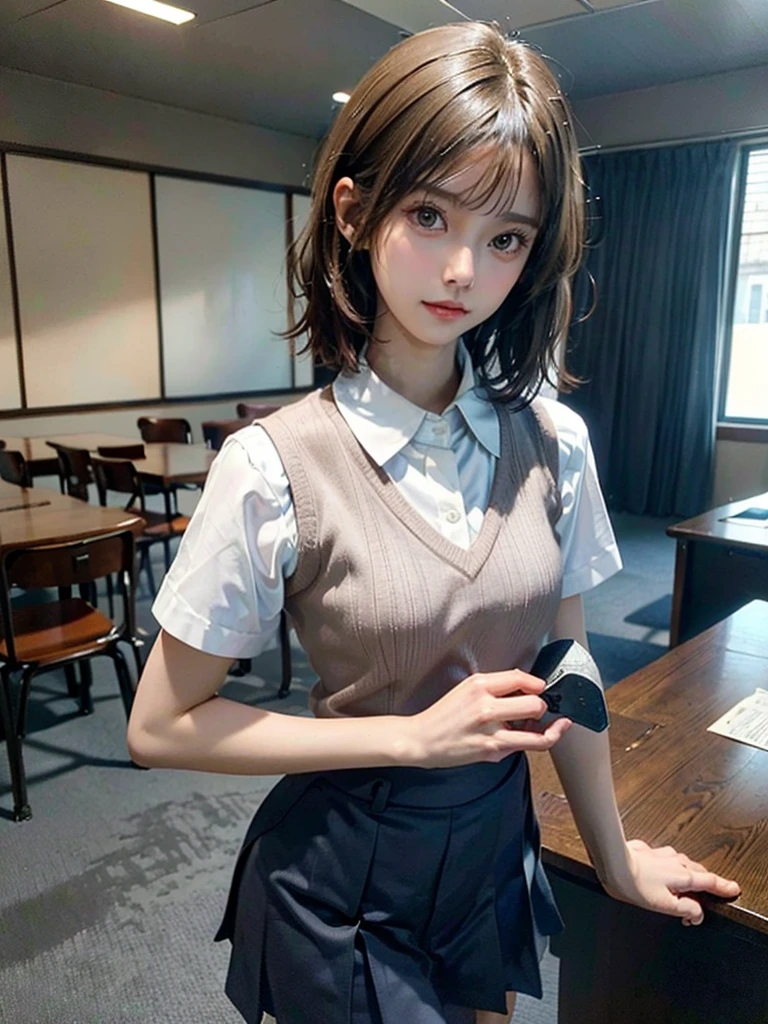 Masterpiece, Top Quality, Top Mikoto, brown eyes, short hair, small breasts, looking at viewer, alone, closed mouth, collared shirt, beige knit vest, dark blue  Skirt, school_uniform, shirt, white_shirt, classroom,Masterpiece, highest quality, 8K, detailed skin texture, fine cloth texture, beautiful detailed face, intricate details, super detailed,cute,cute posing,composition that shows the whole body,