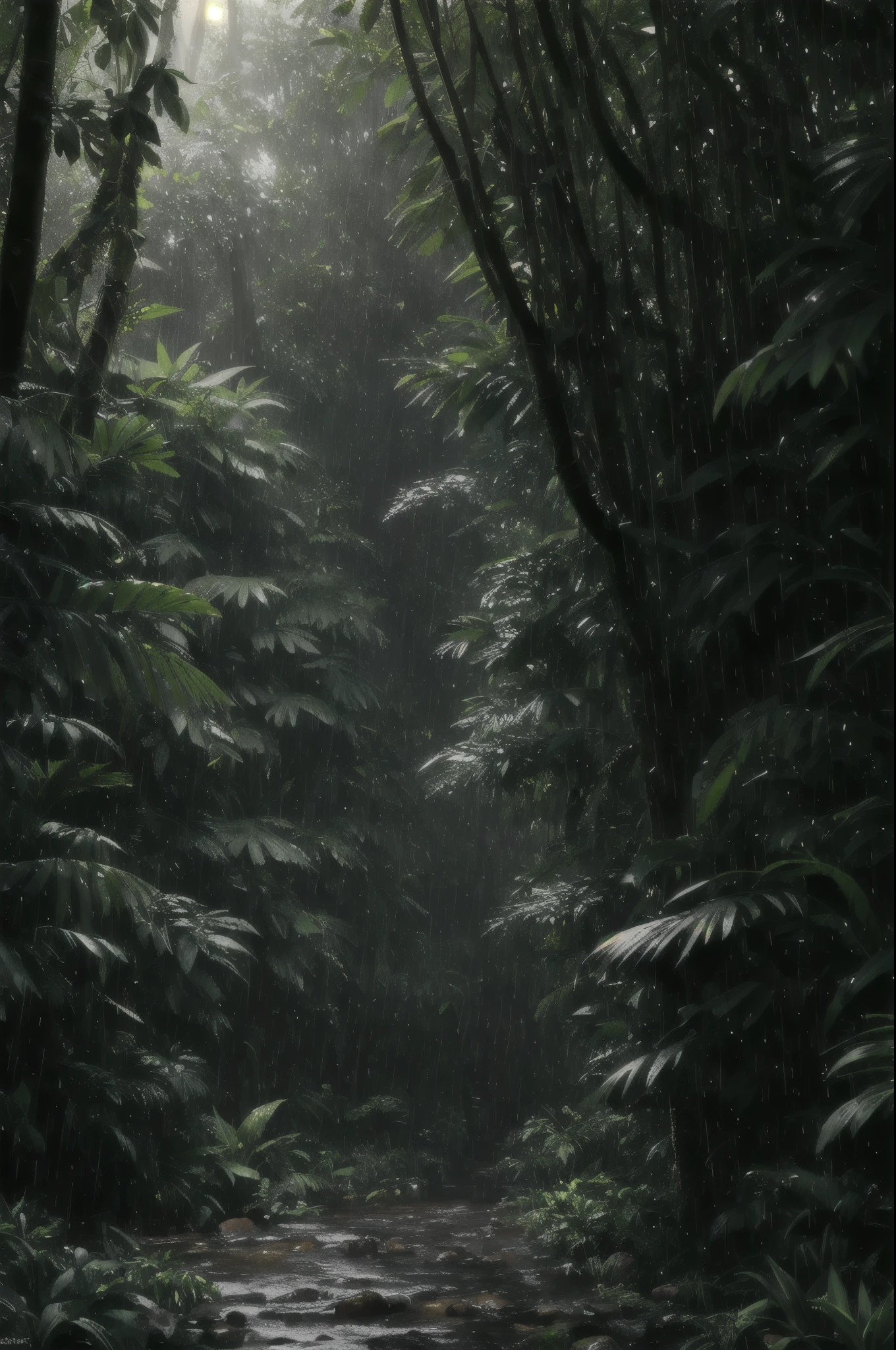 A jungle, with intense rainfall, monochromatic, vines all around, giant and wet trees, masterpiece, best quality, high quality, extremely detailed CG unity 8k wallpaper, oil paiting, award winning photography, Bokeh, Depth of Field, HDR, bloom, Chromatic Aberration ,Photorealistic,extremely detailed, trending on artstation, trending on CGsociety, Intricate, High Detail, dramatic, art by midjourney, volumetric lighting