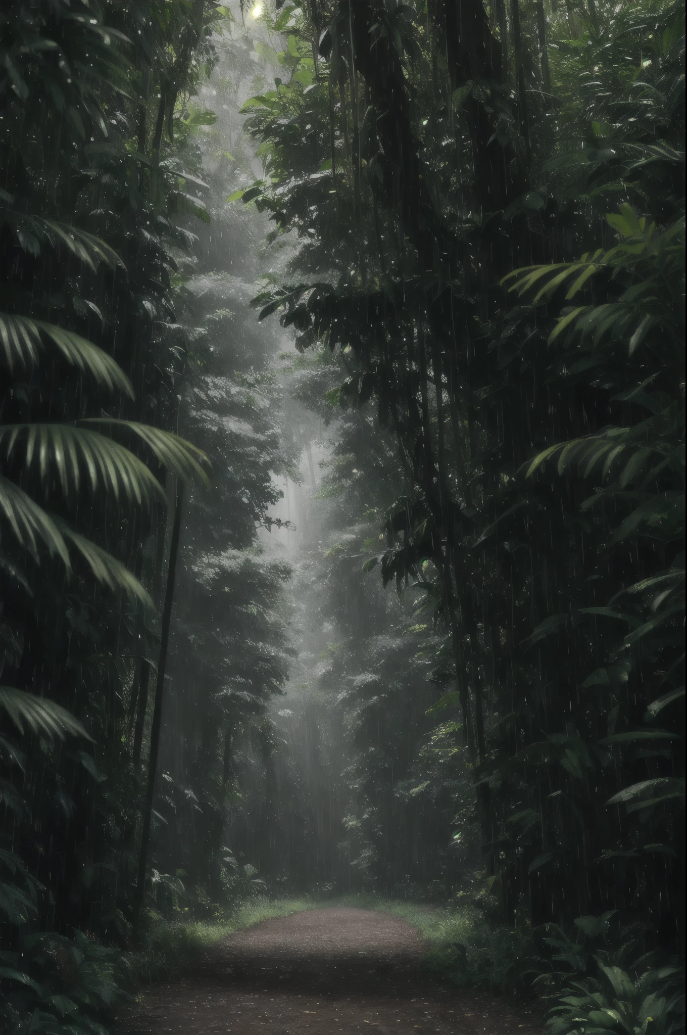 A jungle, with intense rainfall, monochromatic, vines all around, giant and wet trees, masterpiece, best quality, high quality, extremely detailed CG unity 8k wallpaper, oil paiting, award winning photography, Bokeh, Depth of Field, HDR, bloom, Chromatic Aberration ,Photorealistic,extremely detailed, trending on artstation, trending on CGsociety, Intricate, High Detail, dramatic, art by midjourney, volumetric lighting