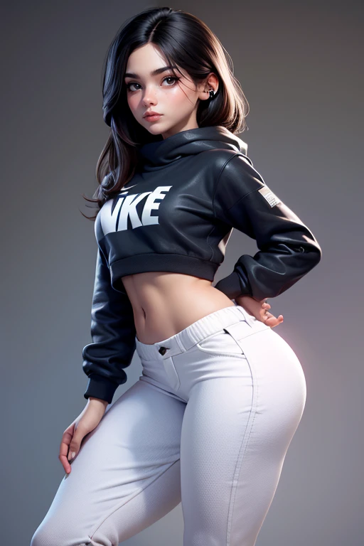 Una chica sexy con cabello rubio, Lleva una sudadera NIKE blanca., y pantalones negros ajustados