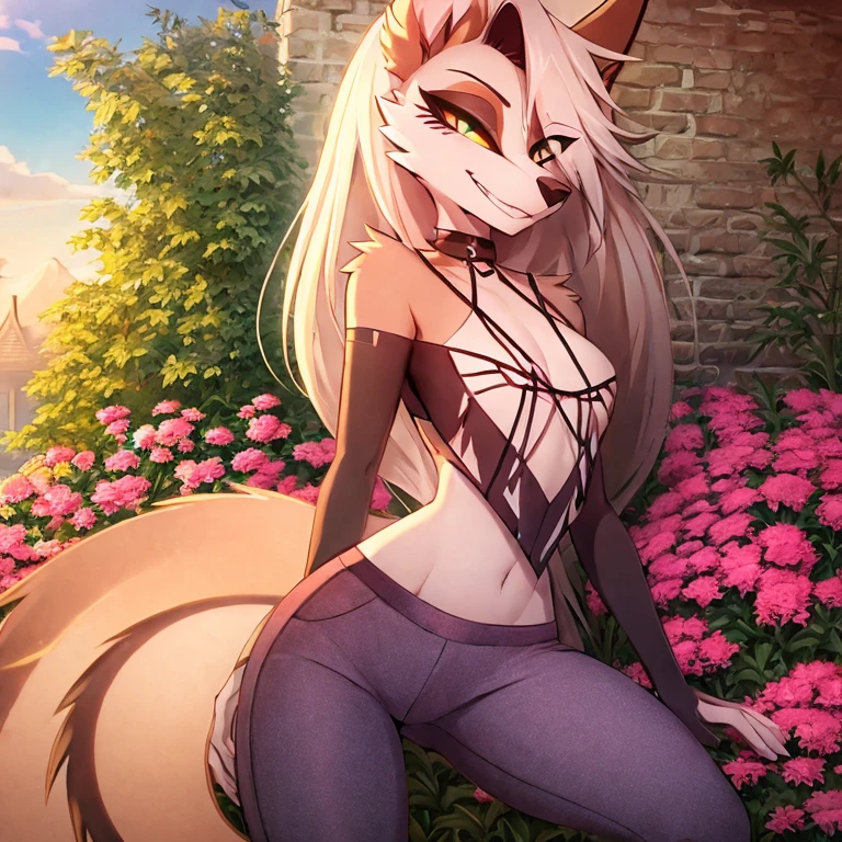 (Allein), (Meisterwerk, Professionelles Zeichnen), (8k, high resolution), (Loona verschmolzen mit Queebee), , Half body, Stehen, smiling, Ich schaue auf dich, Sexy, Slips mit hoher Taille, perfekte Proportionen, Anatomisch korrekt, Tageszeit, garden, Licht, Baum, realistic Lichting, detaillierte Augen, Half body photo,