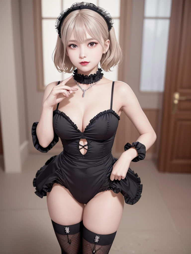 (8K, Photorealistic, Raw photo, of the highest quality: 1.3), (1girl in), Super beautiful, (Realistic face), (boyish, Silver Color Berry Shorthair), Beautiful , Glare that captivates the viewer, Beautiful expression, Beautiful breasts, (Realistic skin), Be...Super high quality, super high definition, super detailed, masterpiece, 20years old, female, cute, perfect face, beautiful, gothic ta clothes, gothic loliashion, frilly skirt, headdress, necklace, bracelet, knee-high socks, boots, double eyelids, tear bags, Detailed down to the fingers, photo-like description, indoors, dim indoor lighting, blonde hair, pony tail, standing, whole body, composition that shows the whole body, smiling,Optimal ratio of 4 fingers and 1 thumb