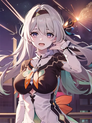 (masterpiece:1.3),((High resolution)),((high quality)),((Super detailed))、One girl、Perfect balance、((upper body:1.5))、Perfect Face、Detailed face、Cute face、beautiful詳細な目、Expressive eyes、Cute eyes、Shiny eyes、Perfect body、beautiful体、honkaiFirefly, fire Fly, (Purple eyes:1.3), Grey Hair, 蝶のhair ornaments, hair ornaments, Hair intake, Long Hair, (Bright Eyes:1.5), shoes下, 青色のdress, 青色のshoes下,((Large Breasts)) ((Orange ribbon:1.5))、dress, shoes, shoes下, ツートーンdress, ツートーンshoes下, ホワイトdress, Long sleeve, hair band, (head shot)、Embarrassing、blush、beautiful女の子、Cute face、beautiful顔、Cute face、beautiful、Best Quality、Good anatomy、((smile:1.5))、((Super detailedな背景)), Outdoor, Day, blue sky, ((Meteor shower sky:1.5))、Sky Light , Mistress Pose, ((8K Wallpaper)) , Watching the audience, Moody lighting, In-person audience