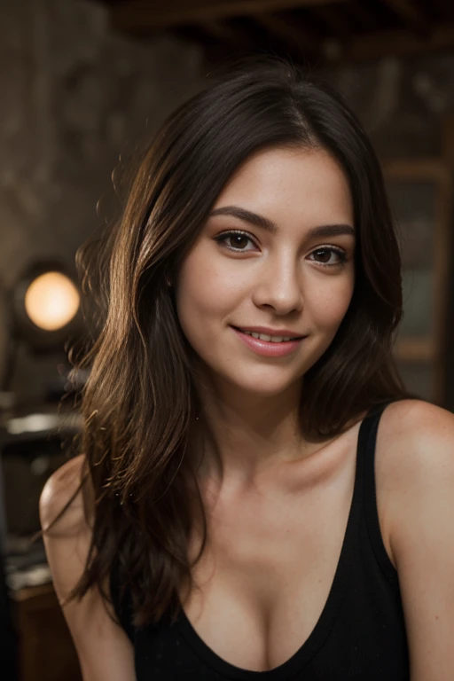 a one woman, age 25, long brunette hair, 8k, ultra HD, instant lighting, professional lighting, texturized skin, Romantic smile, in a photo studio, photoshoot, in front of a painted wall, Hokusai wave painted on the wall,