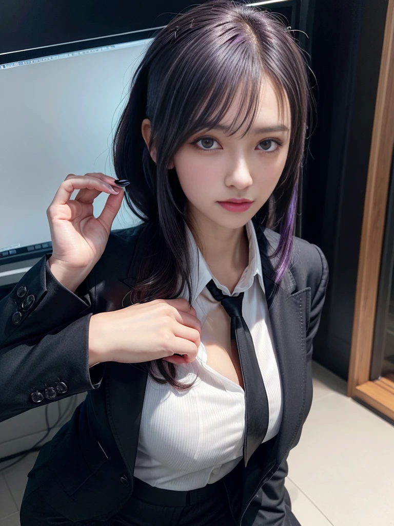 Beautiful woman, 25 years old, high ponytail, bright purple hair, perfect purple hair, Beautiful breasts, (Realistic skin),elegant upper class wearing a black pantsuit, black jacket, white shirt, cleavage visible, black pumps, and a business shirt. Elite secretary, working in the office, wearing a strict business suit, pantsuit style, wearing luxury high heels, girl wearing a shirt, wearing a business suit, wearing a business suit, black nail art, business Wearing a suit, Businessman, Business clothes, Wearing a black business suit, Wearing a white shirt and black jacket, Woman in a business suit, Business suit, Business attire, Raw photo, (8K, highest quality, Masterpiece: 1.2), (Complex Detail: 1.4), (Photoreal: 1.4), Octane Rendering, Complex 3D Rendering Super Detail, Studio Soft Light, Rim Light, Vibrant Detail, Super Detail, Realistic Skin texture, surface details, beautifully detailed eyes, highly detailed CG Unity 16k wallpaper, supplement, (detailed background:1.2),