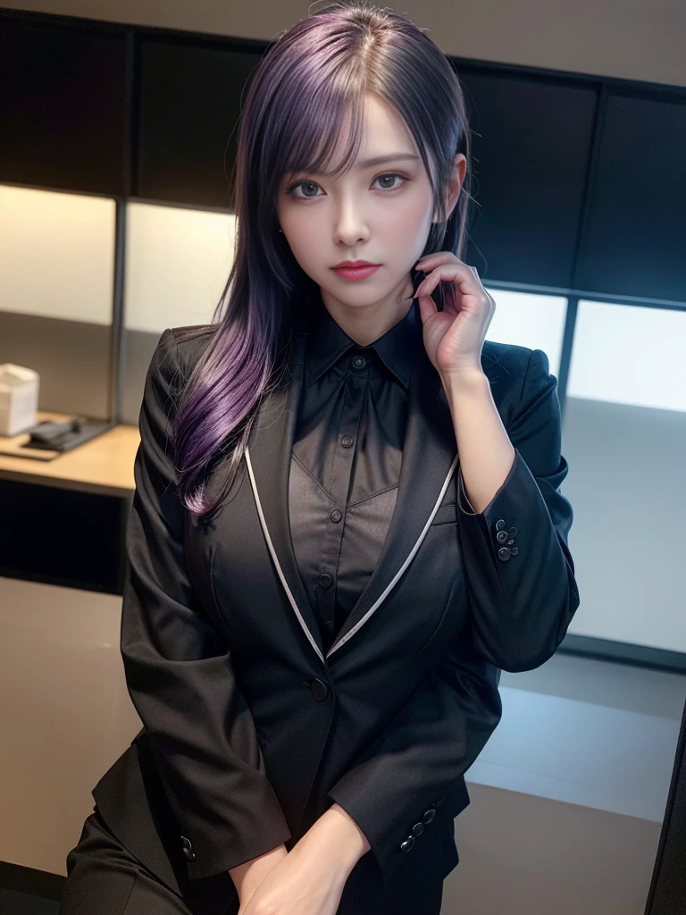 Beautiful woman, 25 years old, high ponytail, bright purple hair (like bright silver), perfect purple hair, Beautiful breasts, (Realistic skin),elegant upper class wearing a black pantsuit, black jacket, white shirt, cleavage visible, black pumps, and a business shirt. Elite secretary, working in the office, wearing a strict business suit, pantsuit style, wearing luxury high heels, girl wearing a shirt, wearing a business suit, wearing a business suit, black nail art, business Wearing a suit, Businessman, Business clothes, Wearing a black business suit, Wearing a white shirt and black jacket, Woman in a business suit, Business suit, Business attire, Raw photo, (8K, highest quality, Masterpiece: 1.2), (Complex Detail: 1.4), (Photoreal: 1.4), Octane Rendering, Complex 3D Rendering Super Detail, Studio Soft Light, Rim Light, Vibrant Detail, Super Detail, Realistic Skin texture, surface details, beautifully detailed eyes, highly detailed CG Unity 16k wallpaper, supplement, (detailed background:1.2),pony tail