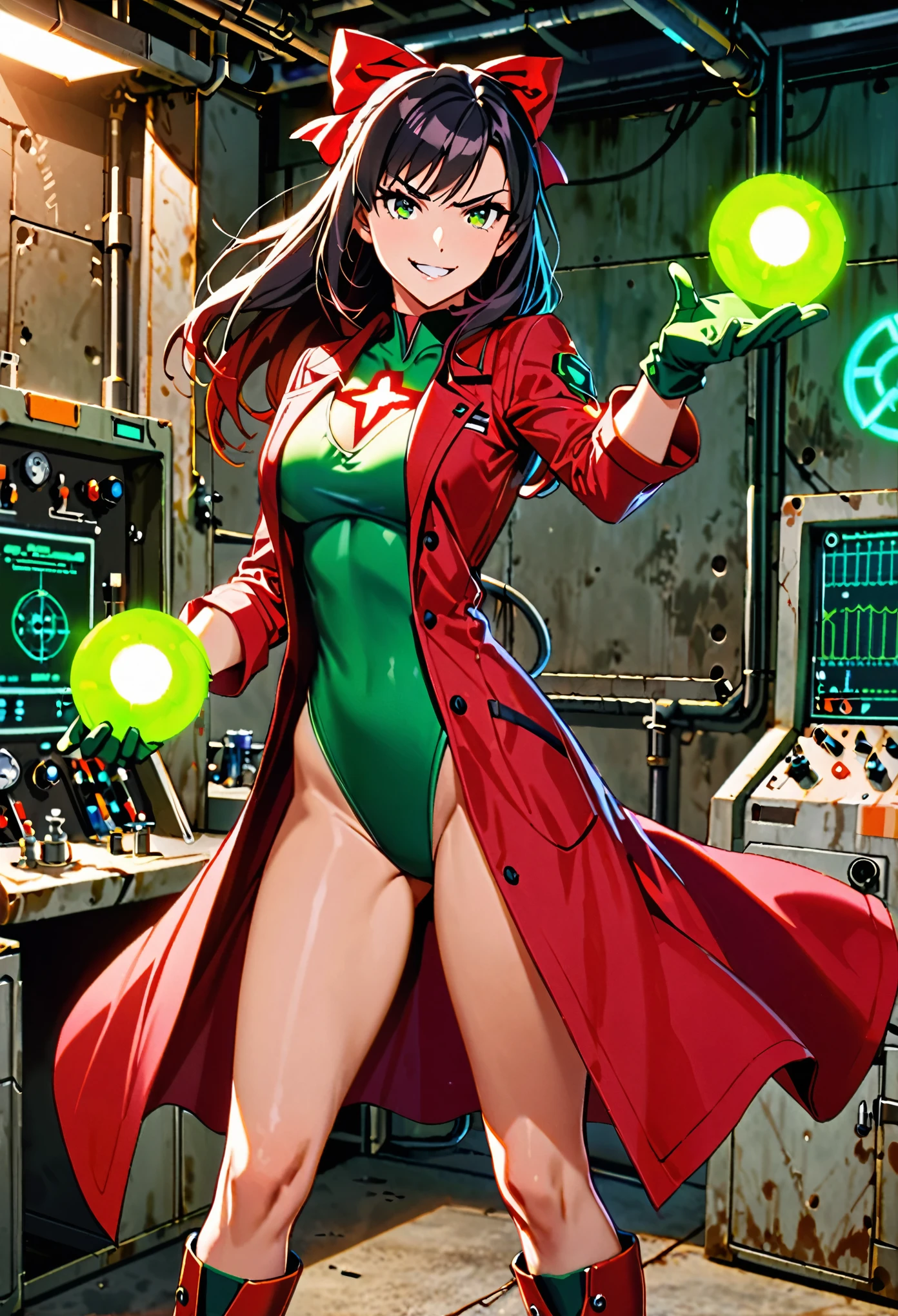 masterpiece, best quality, 1girl, solo, scientist, mad scientist, (red lab coat), (green leotard), (red hair bow), bare legs, (ankle-high boots, red boots, matching boots), (gloves, green gloves, matching gloves), (black hair, long hair), (hazel eyes, beautiful detailed eyes), (perfect hands, complete fingers, perfect anatomy, perfect proportions), scheming pose, professional, laboratory backdrop, cowboy shot, bunker, evil grin, (atomic symbol on chest), powering up, full body costume design, glow, energy pulse, (energy ball on hand).