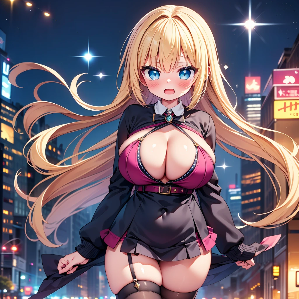 highest quality,wonderful,finely,extremely detailed CG Unity 8K wallpaper, (girls, cute eyes, Knit , clothed), (sparkling eyes:1.2), (skinny body), (huge breasts), (open mouth), (embarrassed), (black stockings:1.1),(Thighs:1.2)