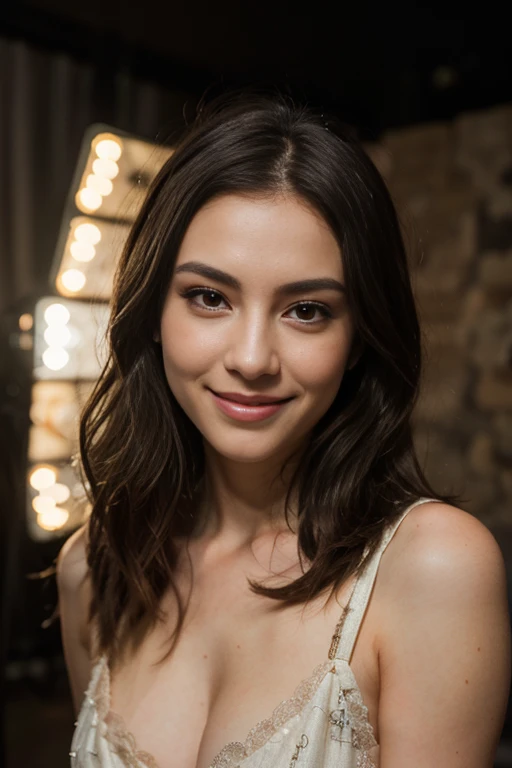 a woman, 25ear old, long brunette hairs, 8K, UHD, flash lighting, professional lighting, textured skin, romantic smile, dans un studio photo, photoshoot, devant un mur peint, vague de Hokusai peint au mur,