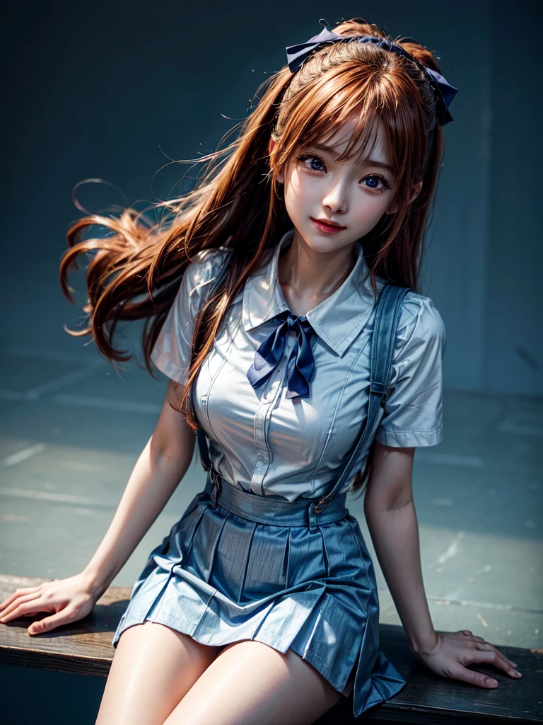 (8k, highest quality, Pieces fly:1.2)、Ultra-high resolution、anime,1 very pretty girl,Asuka Langley,Highly detailed face, Fine grain,blue eyes,,White sailor collar plain short sleeve shirt,Light blue skirt,Light Blue Suspenders,uniform_Red ribbon,Orange Hair,Long Hair、Detailed hand and fingers,put your hands in your hair,Grin、sitting on desk,Shooting from the sky,classroom