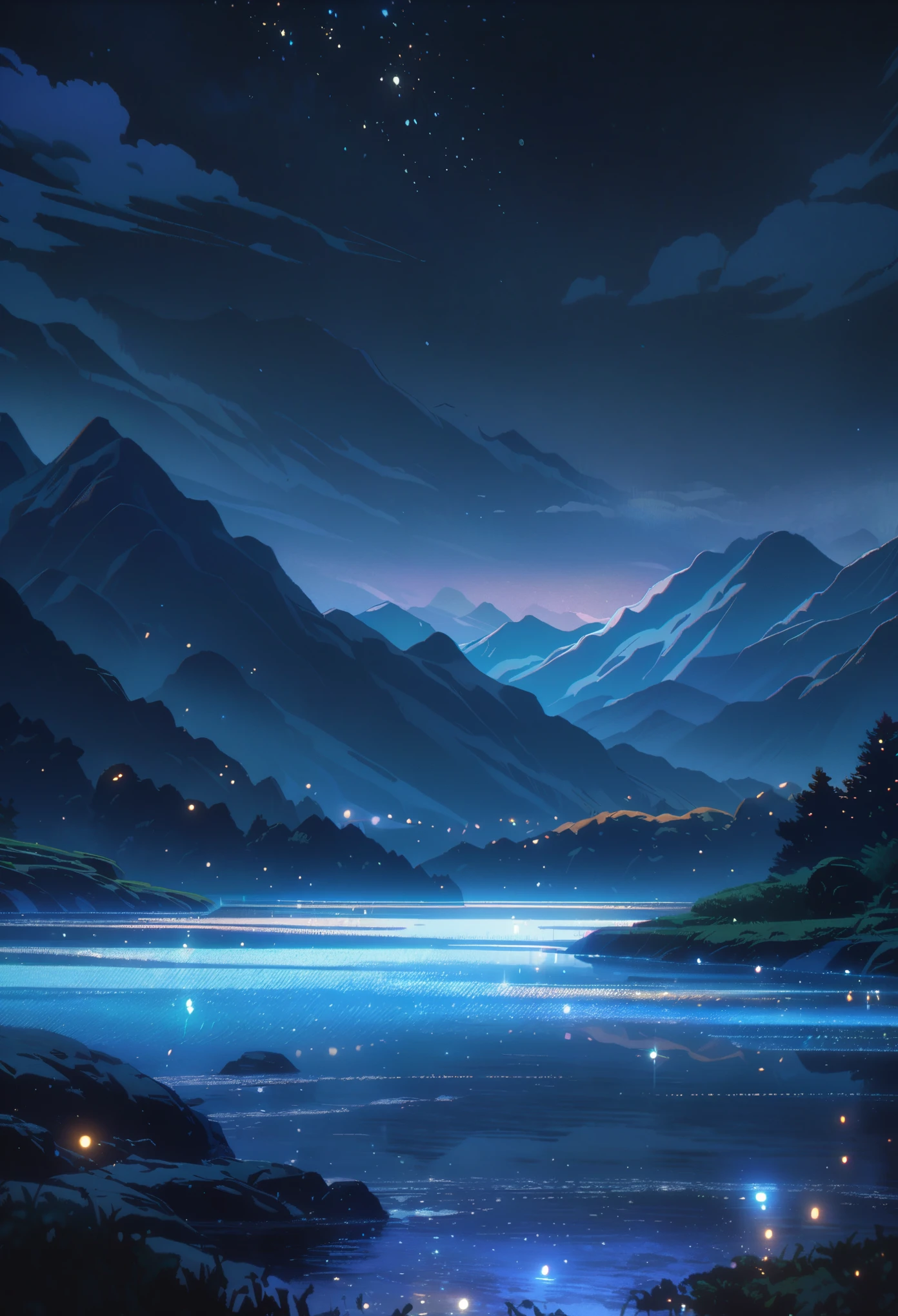 Mountain landscape, dark night, stars, beautiful types, black and dark blue colors, mountain river, calm atmosphere, classic lanscape style, anime aestetic ghibly artstyle, Ghibli-like colours, wide shot, 8k, 4K, highres, best quality, super detail, masterpiece
