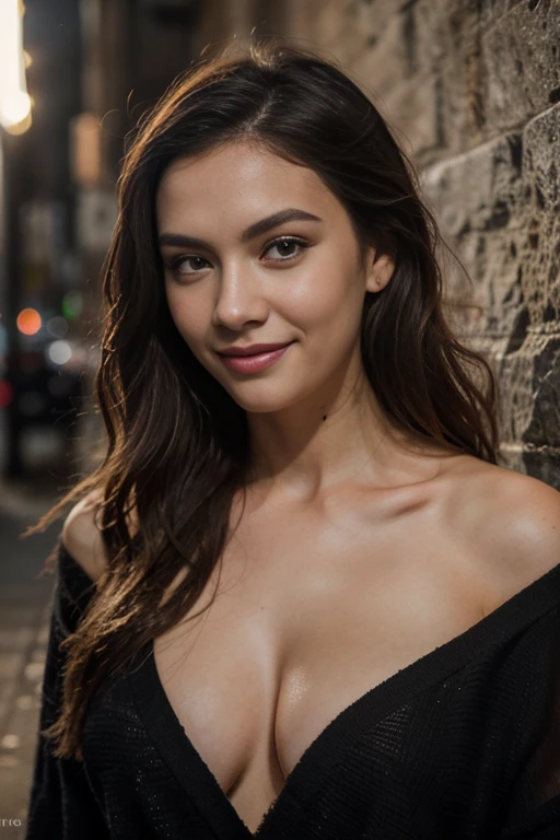 a woman, 25ear old, long brunette hairs, 8K, UHD, flash lighting, professional lighting, textured skin, romantic smile, photoshoot, devant un mur peint, vague de Hokusai peint au mur,