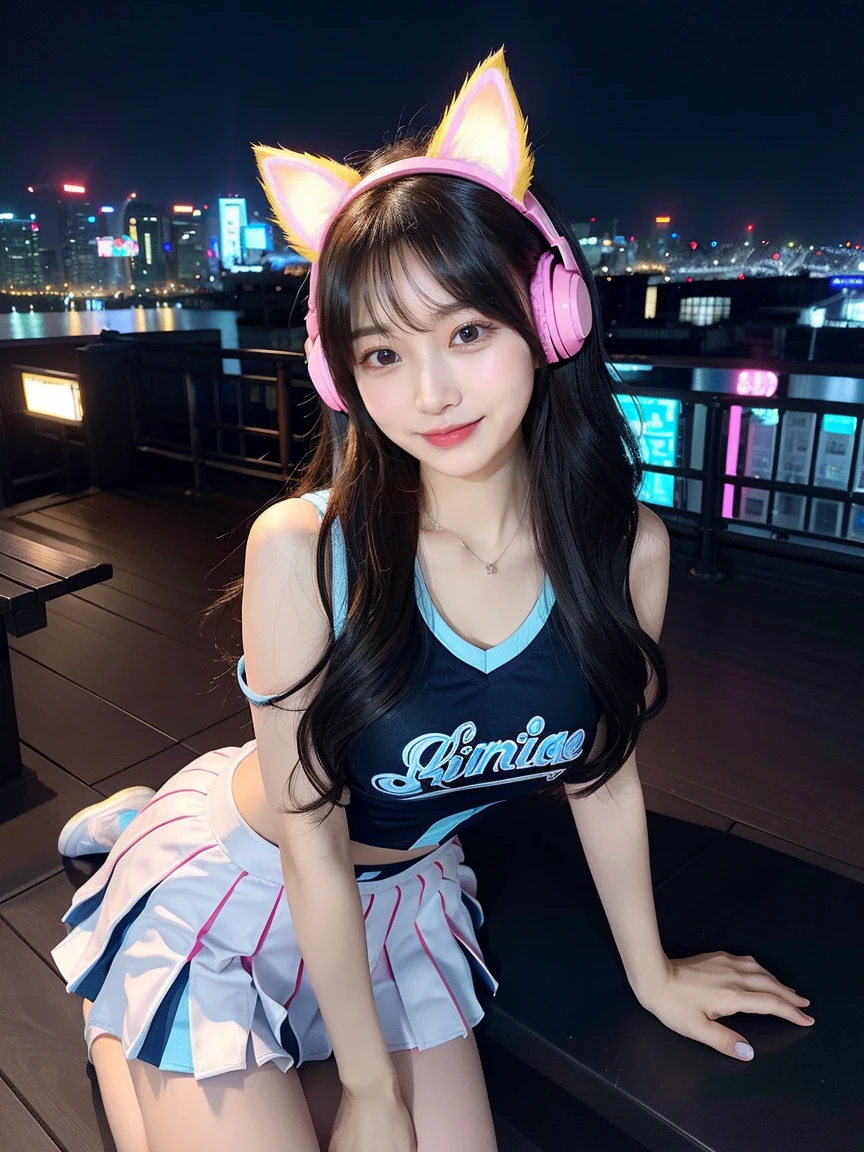 Full body photo、whole、最high quality, masterpiece, 32k、Very detailed、Realistic、1 girl, Japanese women、Cute face, (photo Actual:1.3), Edge lighting, (Skin with attention to detail:1.2), 8k超High resolution, Single-lens reflex camera, high quality, High resolution, 4K, 8k, Optimal ratio of four fingers to one thumb, (Actual:1.3), smile、自然なsmile、Baseball Cheerleader Costumes(black、Light blue line design、Japanese professional baseball cheerleaders)、Cat ears headphones with microphone(Pink neon cat ear headphones)、cute 1 girl, Realistic、Super Realistic、32k、Very detailed、masterpiece, 最high quality, beautiful girl, beauty、 Mecha, Beautiful lighting, Sitting,Cyber Neon、Future City、Skyscraper、City Night、Shanghai、Big cities、Night view、綺麗なNight view