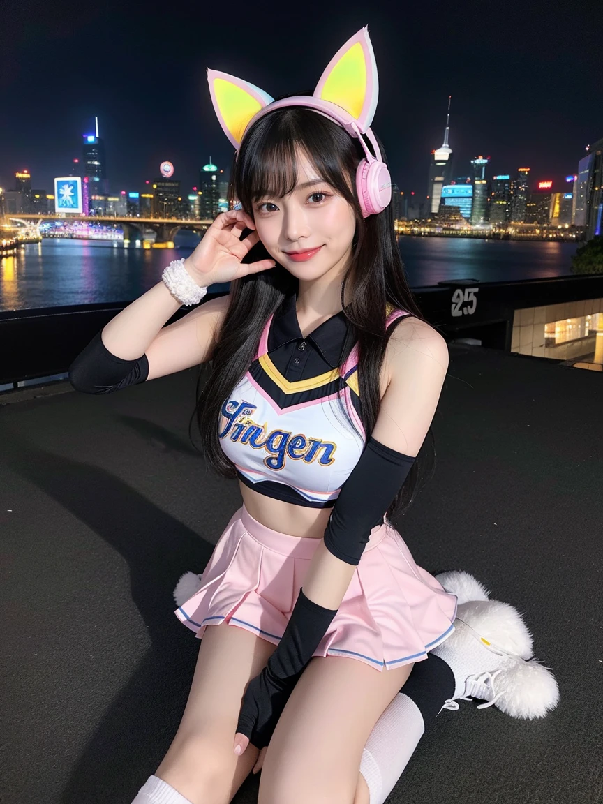 Full body photo、whole、最high quality, masterpiece, 32k、Very detailed、Realistic、1 girl, Japanese women、Cute face, (photo Actual:1.3), Edge lighting, (Skin with attention to detail:1.2), 8k超High resolution, Single-lens reflex camera, high quality, High resolution, 4K, 8k, Optimal ratio of four fingers to one thumb, (Actual:1.3), smile、自然なsmile、Baseball Cheerleader Costumes(black、Light blue line design、Japanese professional baseball cheerleaders)、Cat ears headphones with microphone(Pink neon cat ear headphones)、cute 1 girl, Realistic、Super Realistic、32k、Very detailed、masterpiece, 最high quality, beautiful girl, beauty、 Mecha, Beautiful lighting, Sitting,Cyber Neon、Future City、Skyscraper、City Night、Shanghai、Big cities、Night view、綺麗なNight view