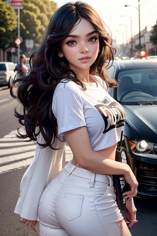 chica de piel blanca, Cuerpo delgado, cabello hasta los hombros, Brown and wavy hair, Brown eyes, cara larga, lunar en la cara cerca de la boca, vaqueros, camiseta benfica, mala preta, al fondo en la calle.