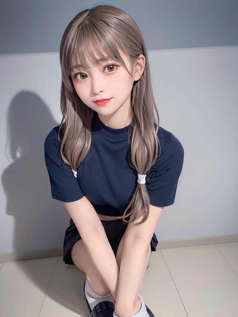 (8K, Photorealistic, Raw photo, of the highest quality: 1.3), (1girl in), Super beautiful, (Realistic face), (boyish, Silver Color Berry Shorthair), Beautiful , Glare that captivates the viewer, Beautiful expression, Beautiful breasts, (Realistic skin), Be...Super high quality, super high definition, super detailed, masterpiece, “The thought of Aoyama, a 17-year-old high school girl with light brown long hair tied up high with a barrette. She wears a navy blue sailor and a navy blue skirt uniform with a red ribbon, white loose socks, loafers, has big eyes, and is a beautiful girl.”standing, whole body, composition that shows the whole body, smiling