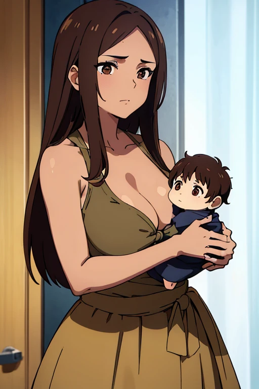 ((best quality)), ((masterpiece)), (detailed), perfect face, brown skin anime woman in a deep V Neck tied top, (bare shoulders), (long skirt), holding her baby against her chest