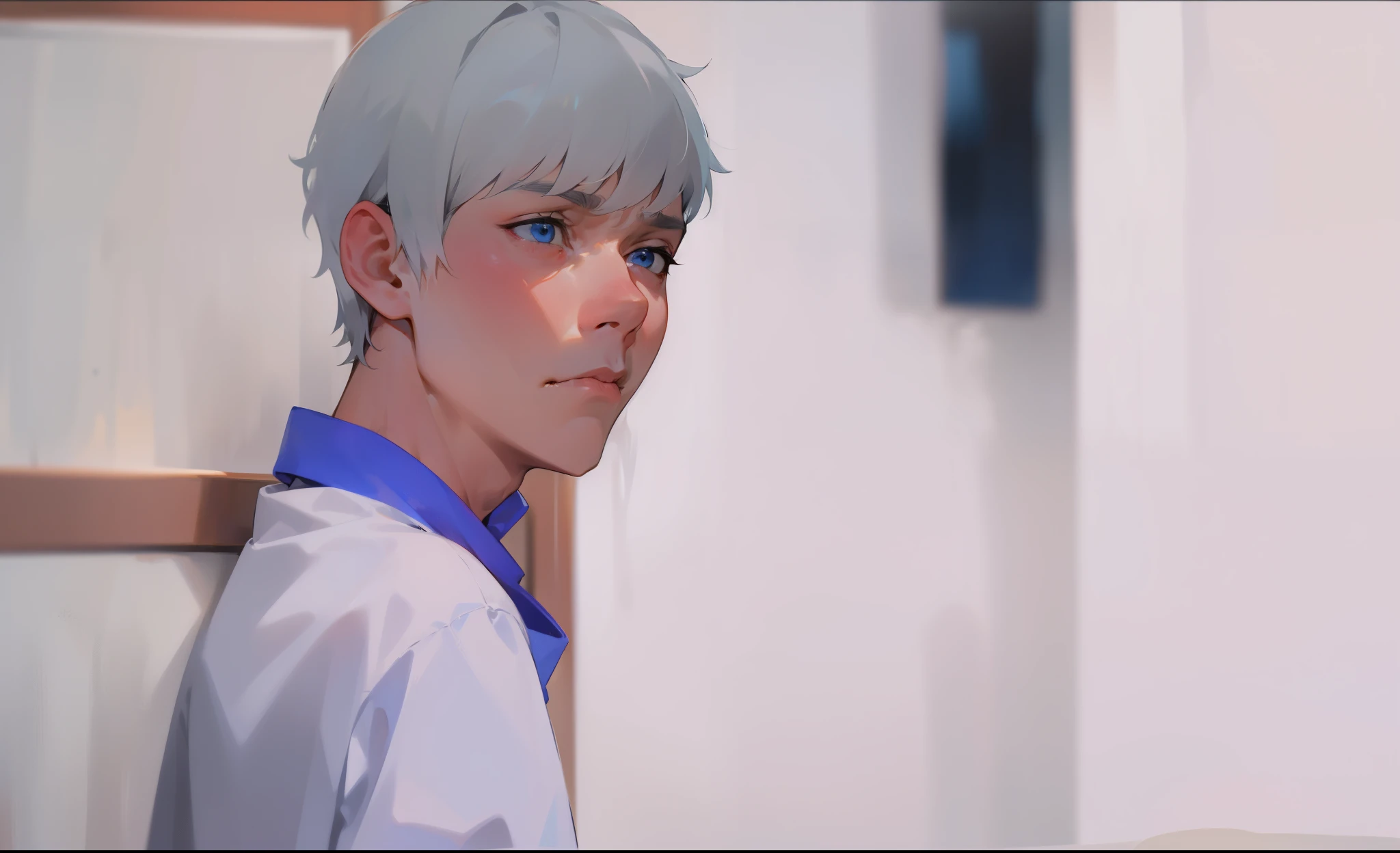 man 18 years old gray hair blue eyes he is sad looking at someone