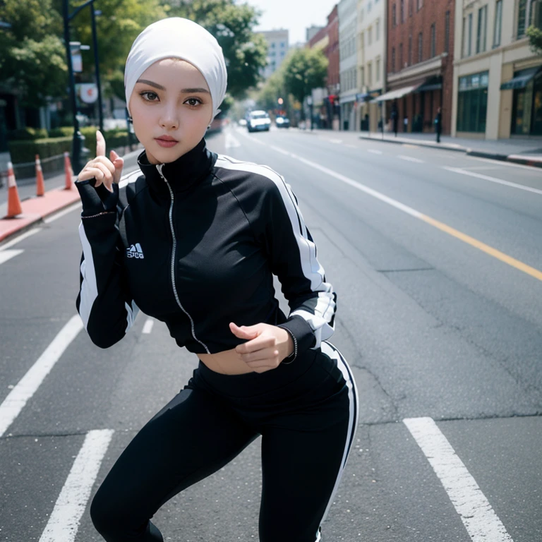 ((Beautiful white islamic girl with a beautiful face with plain modern black Hijab, make up, G cup breasys size)), (tight white tracksuit, tight black tracksuit pants, black stockings in hand:1.5), ((road)), exposure blend, thight,, bokeh, (hdr:1.4), high contrast, (cinematic, teal and orange:0.85), low saturation,(seductive angle),(full body),(detailed eyes:1.5),((no hair)),(glowing skin),(blink),(looking at viewer),(pale skin),(blush:1.2), running pose, track sidewalk in the city, full body photo shot.