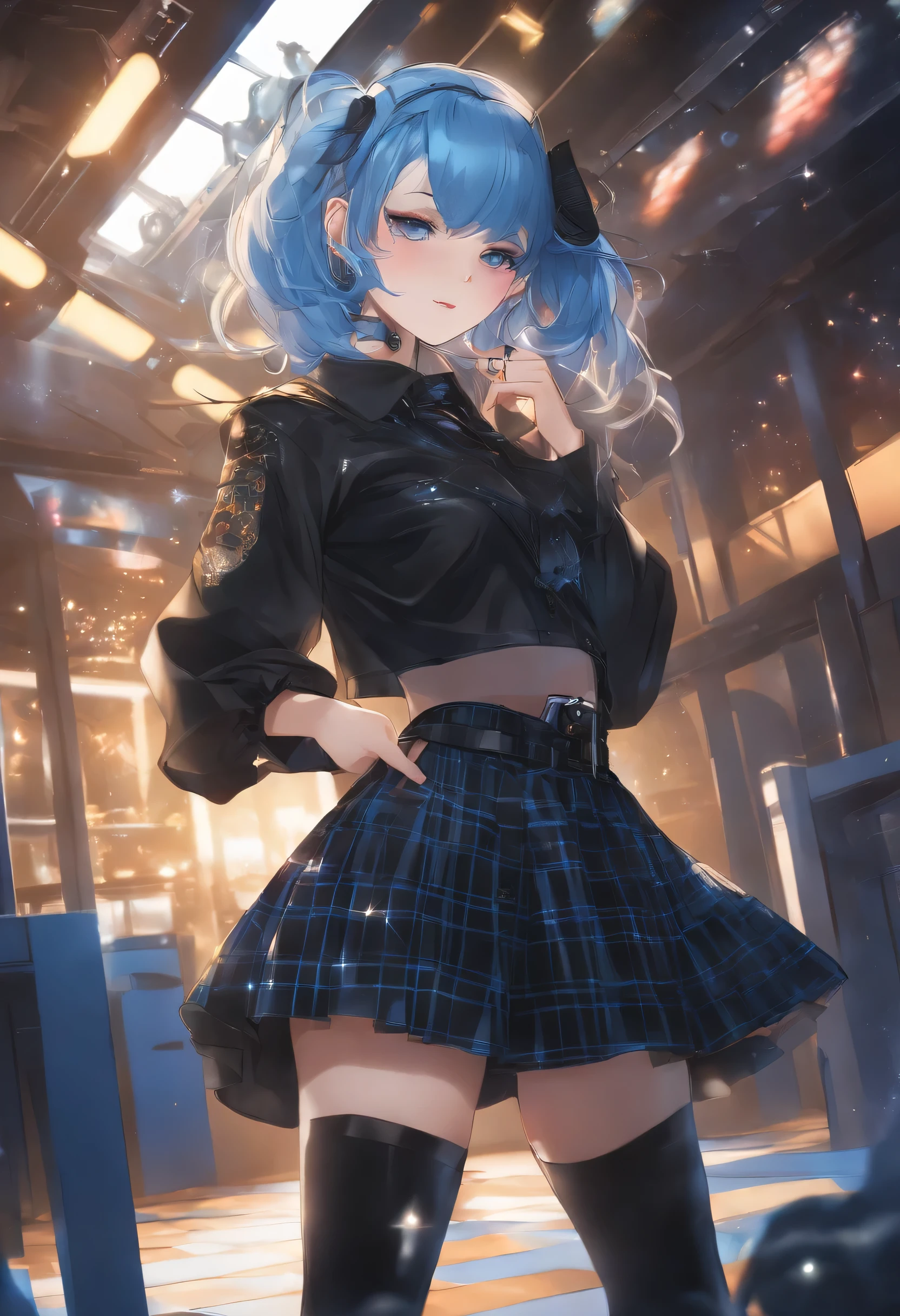 Beautiful girl in Japanese anime style with blue hair、cyber punk、singer、Star Town Suisei、Stars in the night sky々is singing in a shining studio、Blue checked skirt、The top is a black checked shirt