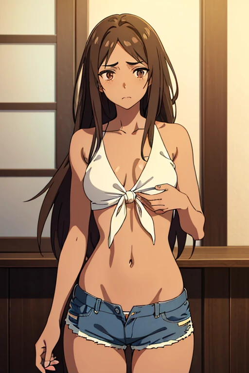 ((best quality)), ((masterpiece)), (detailed), perfect face, 25-year-old brown skin anime girl in a deep V-neck tied top (bare shoulders), (jean shorts), (long hair), starving, (resting hands on the stomach), (hands on the stomach), (skinny girl), (embarrassed expression)